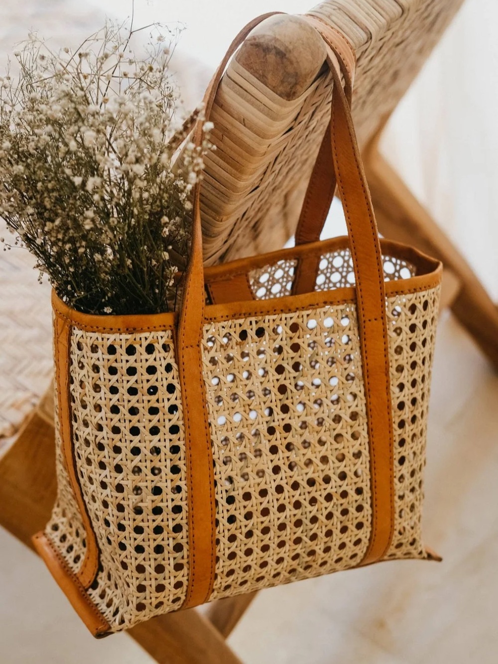 Pink Haley Magnolia Handmade Cane Woven and Leather Tote
